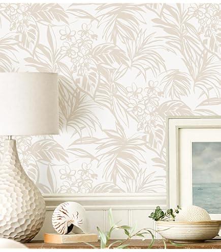 Erfoni 16.9''x118'' Beige Peel and Stick Wallpaper Floral Leaf Removable Wall Paper Beige White Self Adhesive Stick on Wallpaper Modern DIY Contact Paper for Cabinets Accent Wall Waterproof Vinyl Roll