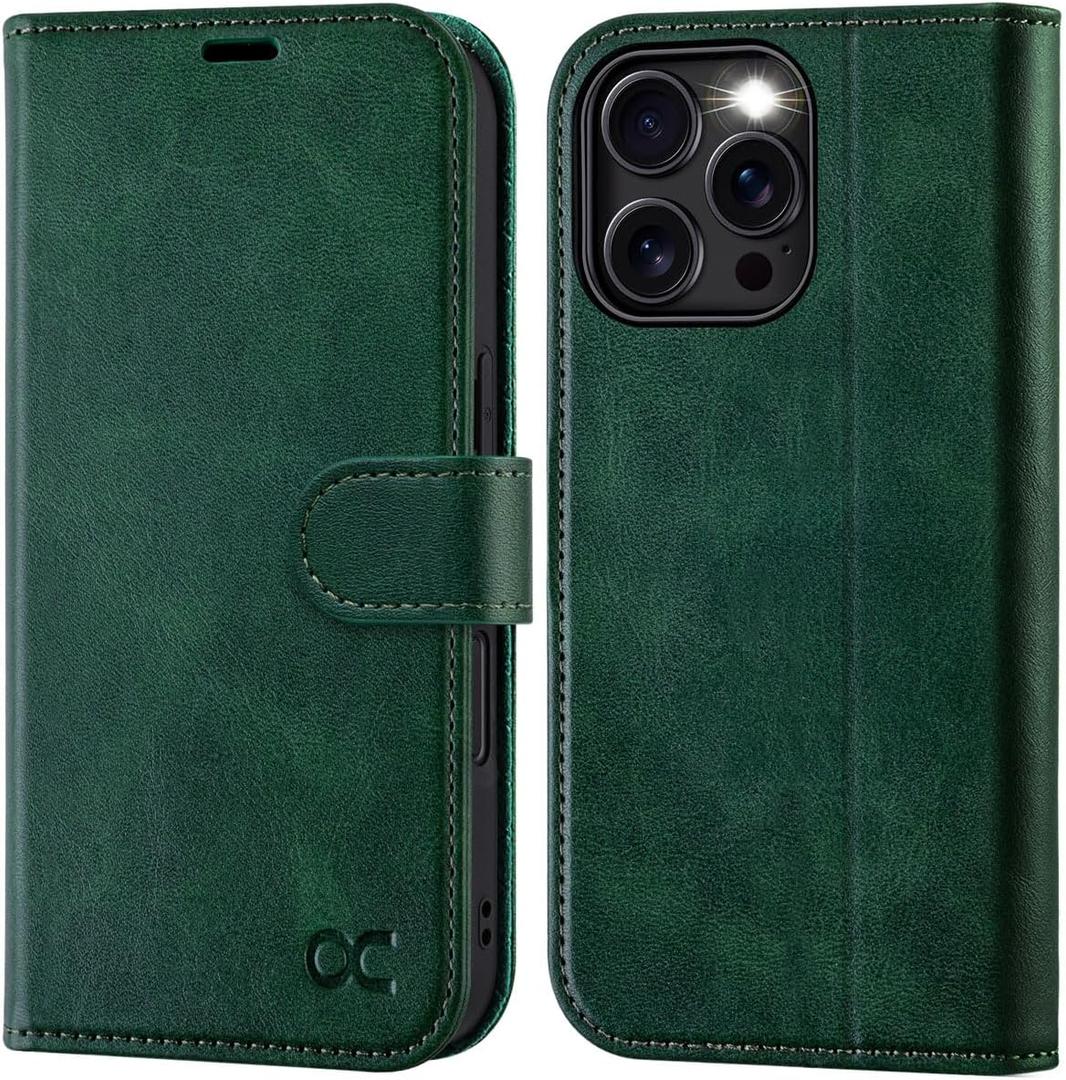 OCASE Compatible with iPhone 16 Pro Wallet Case, PU Leather Flip Folio Case with Card Holders RFID Blocking Kickstand [Shockproof TPU Inner Shell] Phone Cover 6.3 Inch 2024, Blackish Green (Blackish Green)