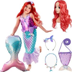 Funna Little Mermaid Costume for Girls Princess Dress Up with Accessories Wig (4T, Purple)