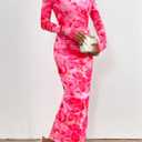 PRETTYGARDEN Women's Bodycon Maxi Dress Fall Spring Fashion Long Sleeve Floral Print Tight Fitted Party Club Ruched Dresses (Pink, L)