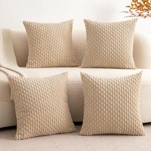 UGASA Fall Soft Corduroy Pillow Covers Pack of 4 Boho Stripe Decorative Pillow Covers Assorted Pillowcases 18x18 Inch Home Decor Modern Farmhouse for Sofa Living Room Couch Bed Beige