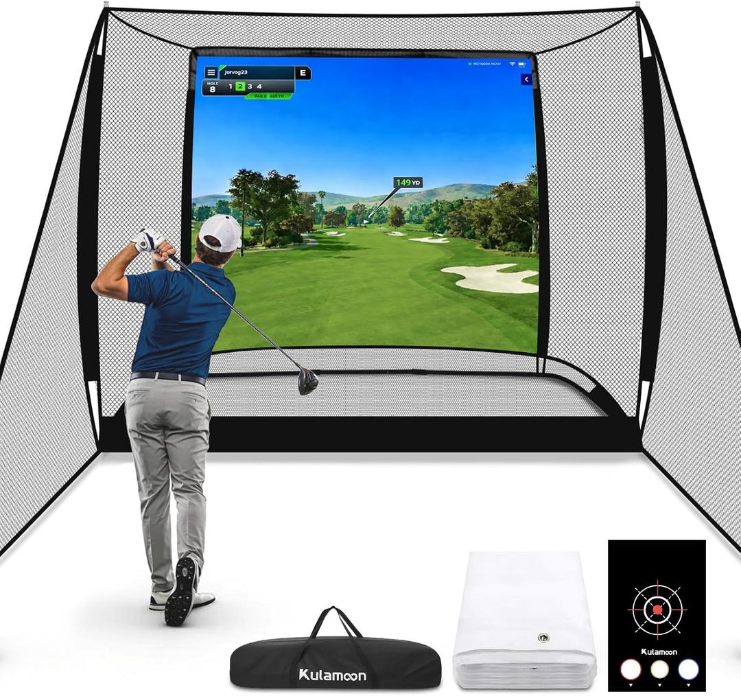 Golf Simulator Cage, 10x8ft Golf Practice Hitting Net with Triple-Layer HD Screen, 5x4ft Golf Mat with Dual Turf for Indoor &Outdoor, Gifts for Men Dad & Golfers