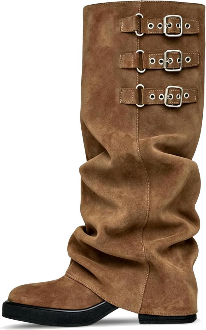 ClassicSter Fold Over Knee High Boots Slouch Boots for Women Chunky Goth Platform Boots,2 inch Heel Wide Calf Long Boots Square Toe Riding Boots (6, 101-khaki)