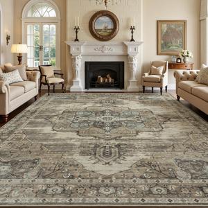 Washable Rug for Living Room Bedroom, 9x12 Area Rugs for Dining Room Home Office, Non Slip Low Pile Rug Indoor, Vintage Boho Floral Medallion Carpet, Retro Brown