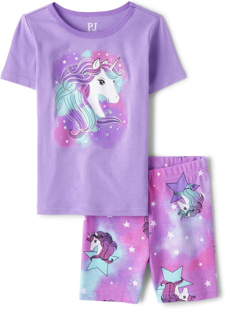 The Children's Place Girls' 100% Cotton Sleeve Top and Shorts,2 Piece Pajama Set (4, Purple Unicorn)