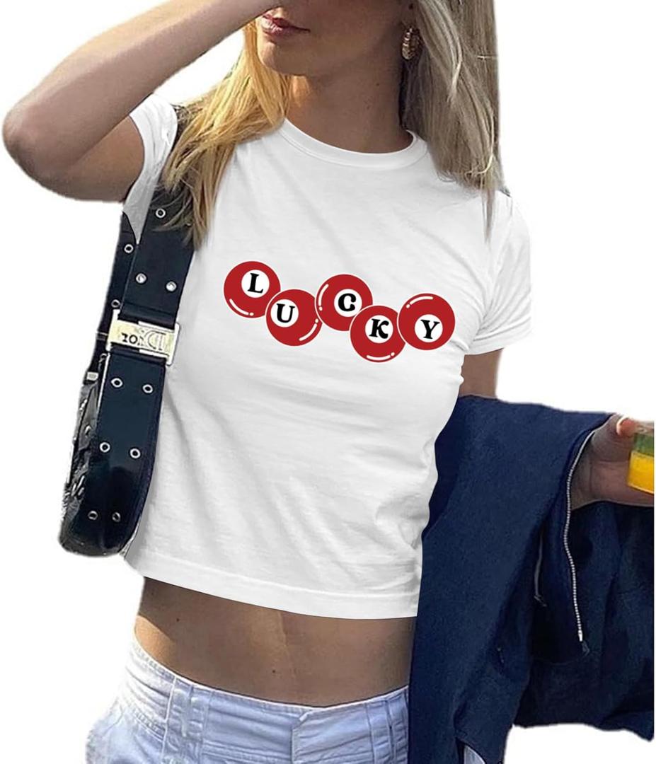 Graphic Baby Tees for Women Y2k 8-Ball Shirt Cute Crop Tops for Teen Girls Aesthetic Emo Clothes 2000s Grunge Shirts, Small White