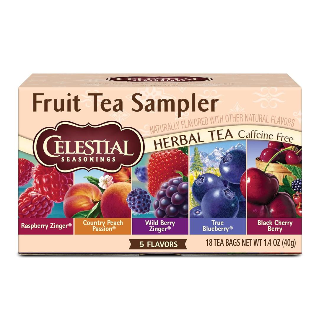 Celestial Seasonings Fruit Tea Sampler Herbal Tea Variety Pack, Caffeine Free, 18 Tea Bags Per Box,  BB Date 11/12/2027