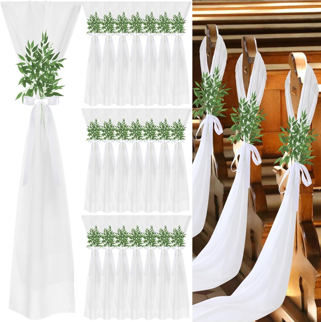 36 Pcs Wedding Aisle Chair Decorations White Chair Sashes Aisle Pew Ribbons Sash Bow with Artificial Italian Ruscus Chiffon for Ceremony Seat Back Floral Reception Church Party Outdoor