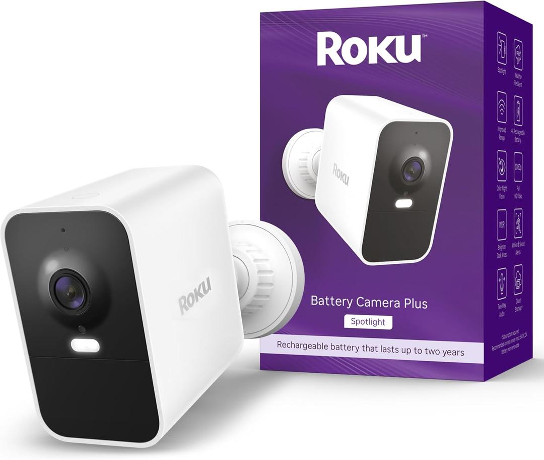 Roku Battery Camera Plus for Home Security - New 2025 Weather-Resistant Outdoor & Indoor Wireless Camera & Pet Monitor with 1080p HD & Two-Way Audio - 4X Rechargeable Battery Capacity