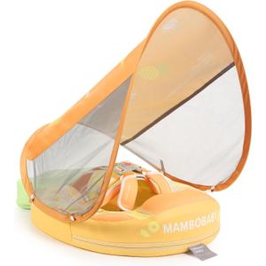 Mambobaby Float Add Tail Baby Swim Float with Canopy Solid Pool Infant Swim Trainer Swimming Training Lying Air Free Water Floats Non-Inflatable Waist Swim Ring for Toddlers (Pineapple), Large