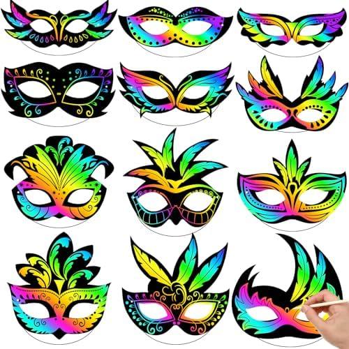 Deekin 60 Pcs Mardi Gras Scratch Masks Gift Set Carnival Prom Art Craft Kit Masquerade Party Scratch Party Favors DIY Art Mardi Gras Mask Craft Kit for Mexican Activity Decoration