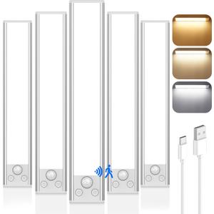 VerRon 5 Pack Under Cabinet Lighting Wireless, Battery Operated Motion Sensor Light Indoor with 3 Color Temps 68 LED, Upgraded 2200mAh Rechargeable Under Cabinet Lights Closet Lights for Kitchen, 10in