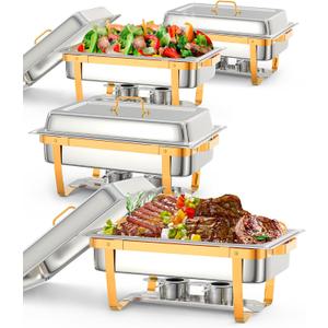 Chafing Dish Buffet Set, 8 QT 4 Pack, Rectangle Chafing Dishes for Buffet w/Lid Holder, Stainless Steel Chafer Food Warmers Servers for Kitchen Party Banquet Dining, Gold