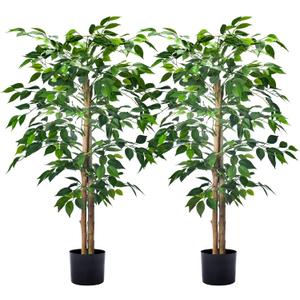 2Packs 4FT Artificial Ficus Trees with Realistic Leaves and Natural Trunk, Faux Ficus Tree with Sturdy Plastic Nursery Pot, Fake Ficus Tree for Office Home Farmhouse for Indoor Outdoor Decor