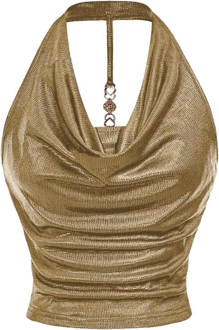 Milumia Women Metallic Halter Y2k Crop Tops Ruched Backless Cowl Neck Party Club Rave Sleeveless Shirts (X-Large, Yellow)