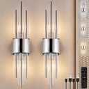 Battery Operated Wall Sconce Set of 2, Modern Crystal Wall Sconces Silver Vanity Wall Light with Frosted Glass, Luxury Wall Light Fixtures for Bedroom Living Room Dining Room Vanity Mirror