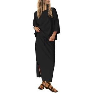 SENSERISE Women's 2 Piece Outfits Oversized Top and Maxi Skirt Set Summer Matching Sets Travel Vacation Outfits, Size M, Black
