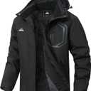 Men's Detachable Hooded Ski Jacket - Waterproof Padded Warm Lined Winter Jacket, Windproof Parka (Black)