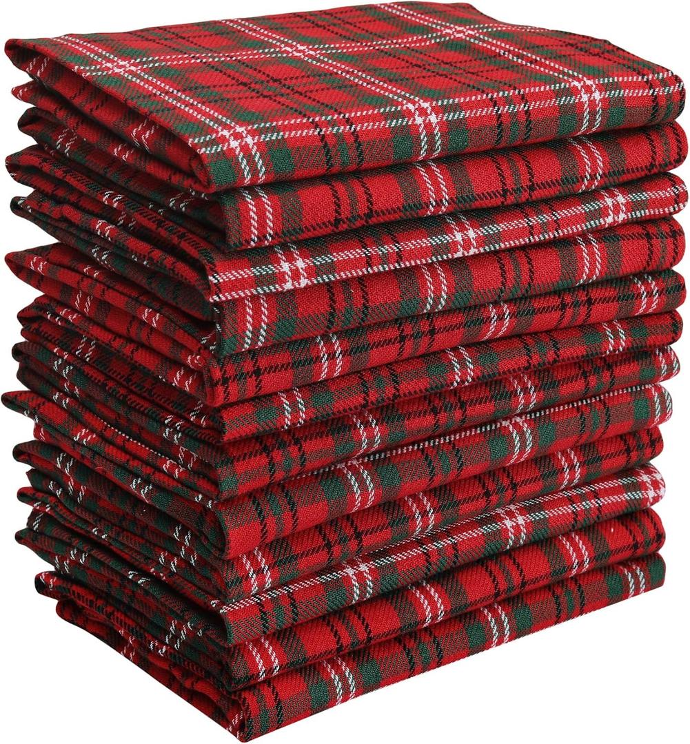 Dinner Napkins, Over Sized Kitchen Napkins, Set of 12 Pack Red & Green Plaid for Christmas and Thanksgiving with Mitered Corner and Lint Free