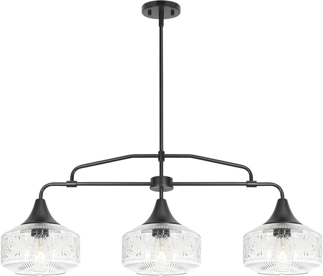 Farmhouse Kitchen Island Lighting, Black 3-Light Island Light for Kitchen, Adjustable Dining Room Light Fixture Over Table, Linear Chandelier Pendant Lighting with Clear Glass for Living Room Sink