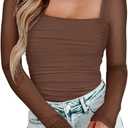 PINKMSTYLE Womens Square Neck Mesh Long Sleeve Bodysuit Shapewear Corset Tops Sexy Concert Outfits Party Shirts (Medium, Coffee)
