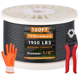 Fulifix 160FT 1/8" Black Stainless Steel Cable, 7x7 Strands Wire Rope, 1950 lb Breaking Strength, Aircraft Cable with Cutter for Indoor/Outdoor Coastal Stair Fence & Balustrades