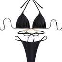 Milumia Women's Triangle String Bikini Set 2 Piece Metal Chain Tie Side Halter Swimsuit High Cut Thong Bathing Suit (Medium, Black)