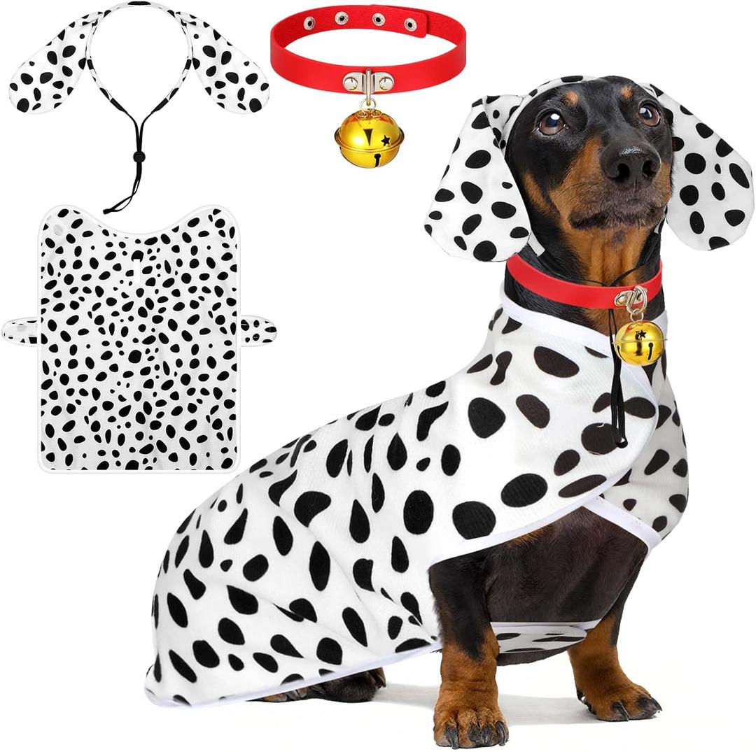 3 Pcs Dalmatian Small Dog Costume Set Cute Dalmatian Dog Poncho Headband and Red Collar with Bell Animal Print Cosplay Costumes Soft Coat for Pet Daily Holiday Dress up Accessories