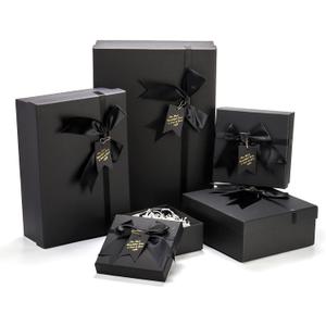 ZENFUN 5 Pack Black Nested Gift Boxes with Lid for Valentine's Presents, 5 Sizes Luxury Packaging Box with Ribbon Bows and Label Gift Wrap for Thanksgiving Birthday, Weddings, Mother's Day 13.7'' to 5.1''