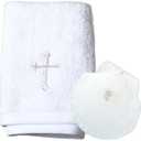 Baptism Towel with Baptism Shell Set - Baptism Towel for Boys and Girls, White Christening Cloth with Embroidery Cross, 100% Cotton Baptismal Cloth Baptismal Gifts for Infants Toddlers Kids (SILVER)