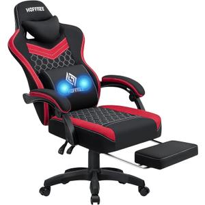 HOFFREE Gaming Chair Computer Chair Fabric with Pocket Spring Cushion Massage Game Chair with Footrest Ergonomic Gamer Chair with Lumbar Support Reclining Gaming Chairs for Adults Red and Black