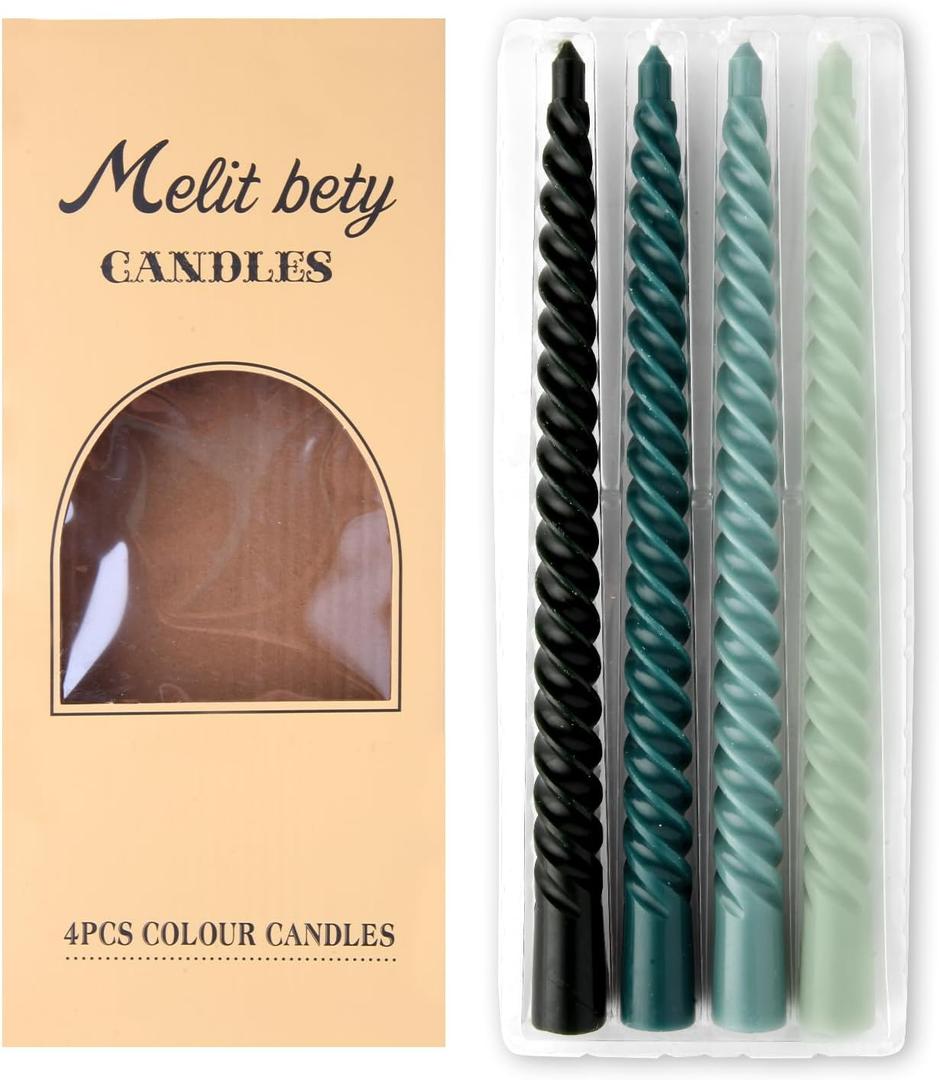 4 Pack Spiral Gradient Taper Candles  Long Pole Unscented Candles, Smokeless & Dripless, Gift Boxed for Wedding, Christmas, Table or Mantle Decor (Green)