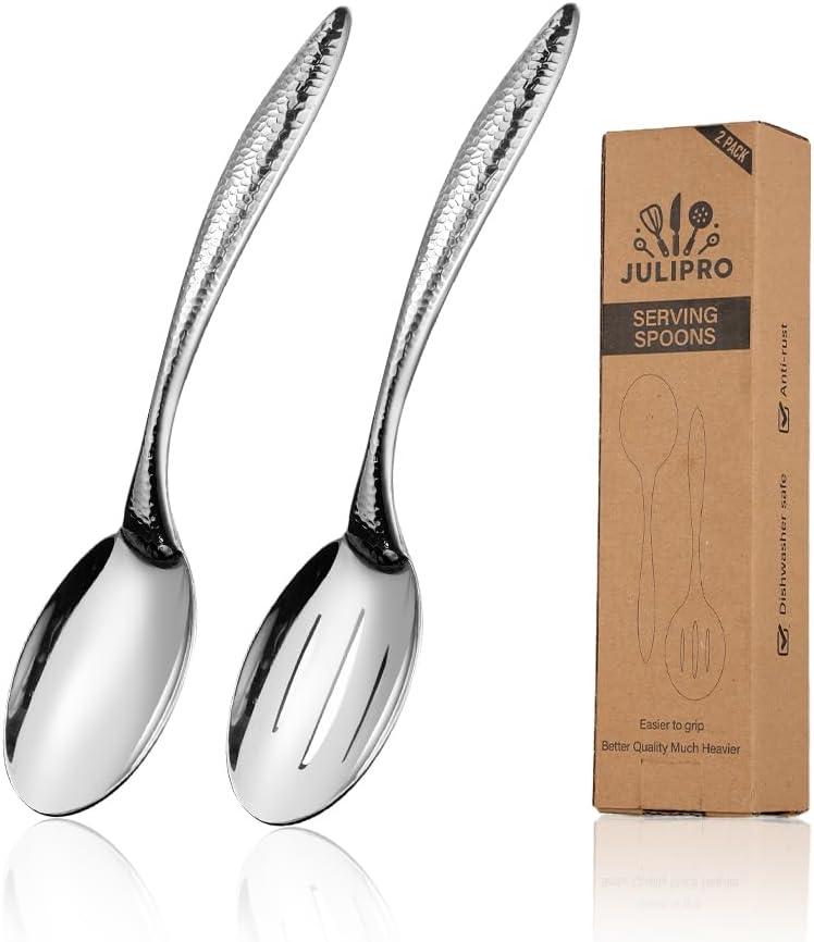 Stainless Steel Cooking Spoon Set  Includes Solid & Slotted Metal Serving Spoons, Large Kitchen Spoons for Cooking, Mixing, Serving, and Stirring  Durable Anti-Slip Handle