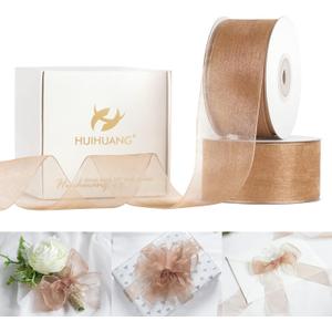 HUIHUANG 2 Rolls Shimmer Sheer Organza Ribbon 1-1/2 Inch Tan Chiffon Fabric Ribbon for Wedding Gift Wrapping Floral Bouquet Baby Shower All Types of Crafts - 50 Yards Each Roll