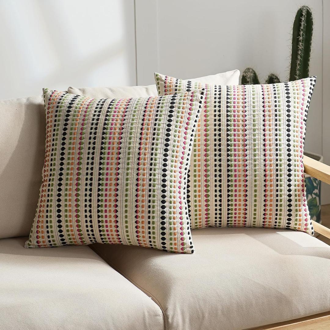 Boho Throw Pillow Covers 18x18 Inch Set of 2 Striped Chenille Farmhouse Decorative Cushion Covers for Sofa Couch Bed Living Room Farmhouse Decor (Colorful, 18" x 18" (Pack of 2))
