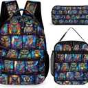 Owl Backpack with Lunch Box & Pencil Case, 16 Inch Cute Owl Themed Bookbag, Adjustable Lightweight Large Capacity, Colorful Backpack Set for Kids Girls Boys School