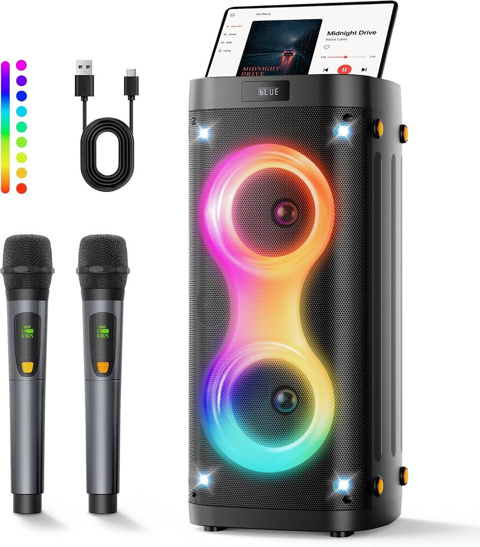 Karaoke Machine, Bluetooth Party Speaker with 2 Wireless Rechargeable Mics
Portable PA System with Lights, Outdoor Speaker, Peak 100W, 12H playtime, USB AUX TWS FM TF Card for Home Party, Camping