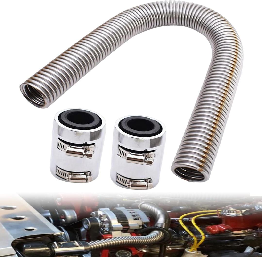 24in Stainless Steel Radiator Flexible Coolant Water Hose Kit w/2 Chrome Caps Replacement for 1-1/4in Radiator Necks