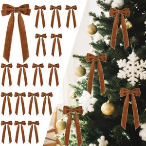 16Pcs Velvet Ribbon Bows for Christmas Tree, Vintage Rustic Small Craft Bows Ornaments for Garland Wreath Gift Wrapping Candy Bags Party DIY Decorations (Light Brown, 5" x 10", Width of 1")