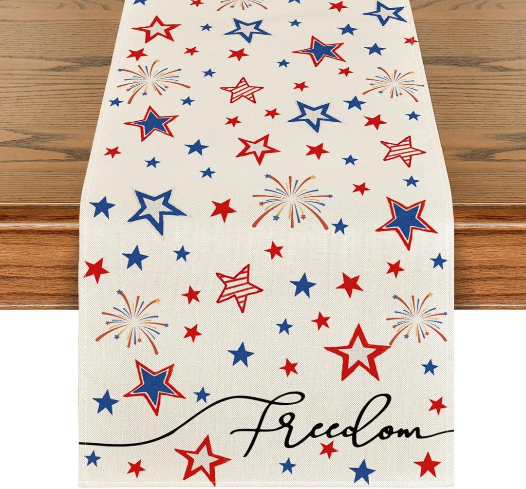 Artoid Mode Patriotic Freedom Stars Table Runner, 4th of July Memorial Day Holiday Kitchen Dining Table Decor for Indoor Outdoor Home Party Decoration 13 x 120 Inch