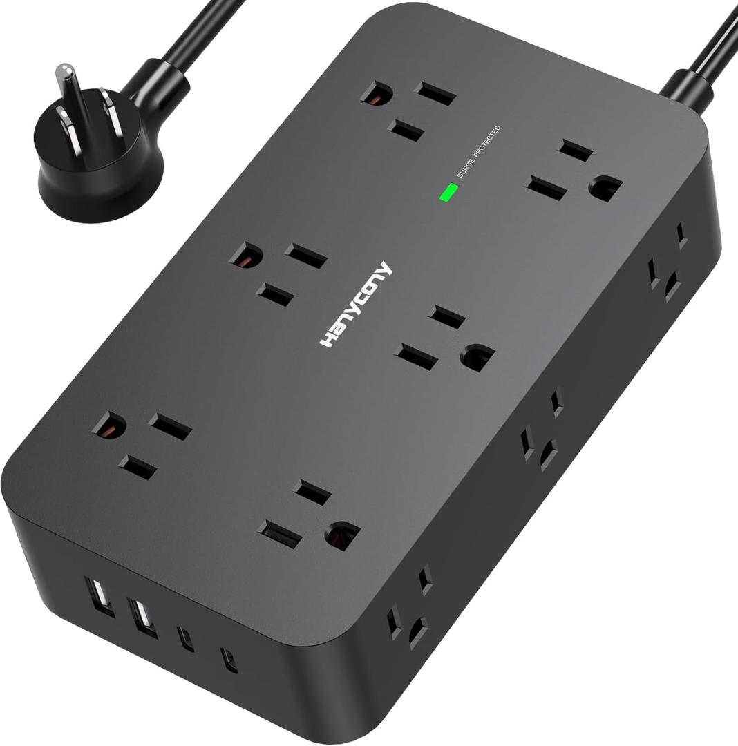 Power Strip Surge Protector with 12 Outlets 4 USB Ports(2 USB C), HANYCONY Black Flat Extension Cord 6 Feet, 1800J, Wall Mount, Desk Charging Station for Office Home College Dorm Room Essentials