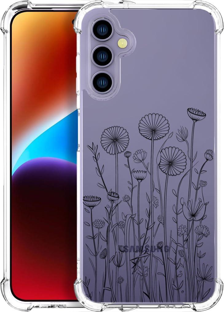Compatible with Samsung Galaxy S24 & S25 Cases with Design, Cute Transparent Designer Phone Case for Women Girls Girly with Heavy Duty Protective Bumper (Clear Black Flower Bouquet)