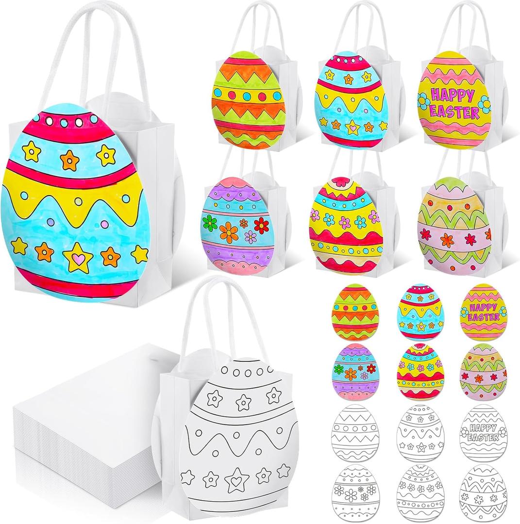 Lunmon 24 Sets Color Your Own Easter Bags for Kids Easter Goodie Egg Craft Gift Bags with Handles Make Your Own Craft Goodie DIY Paper Gift Bag for Crafts Party Favor Supply 4.55 x 5.5 x 2.4 Inches