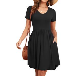 Women's 2026 Summer Short Sleeve Dresses Casual Loose Fit Swing T Shirt Dress V Neck Sundress with Pockets (Black, L)
