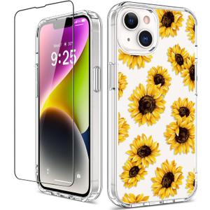 GiiKa for iPhone 14 Case with Screen Protector, 6.1" Clear Full Body Shockproof Protective Floral Girls Women Hard Case with TPU Bumper Cover Phone Case for iPhone 14, Sunflowers