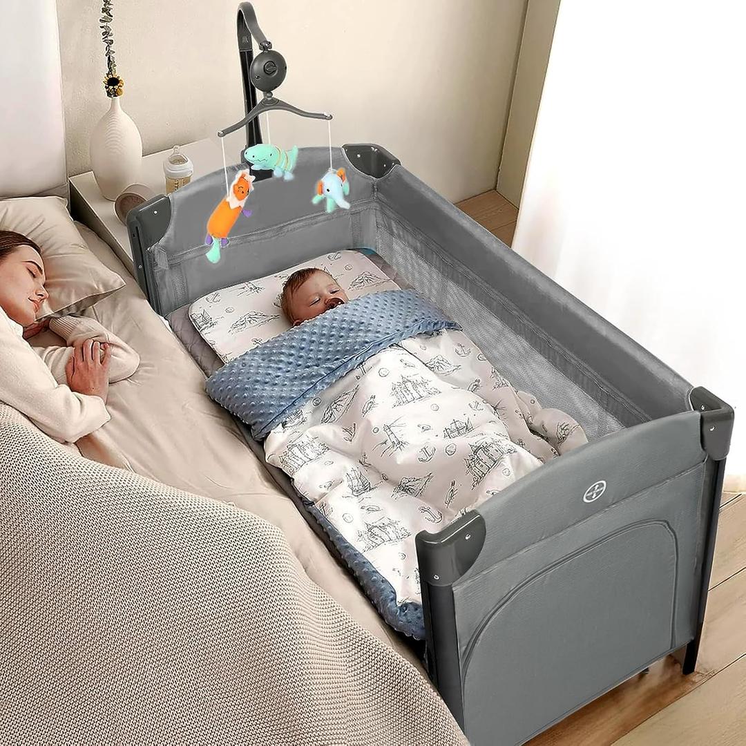 JOYMOR Baby Bedside Bassinet, Baby Bassinet, Pack n Play Convert Playpen, Quick Foldable Travel Bed with Wheels & Brake, Carry Bag for Boys Girls (Gray), 30.3x25.6x49 Inch