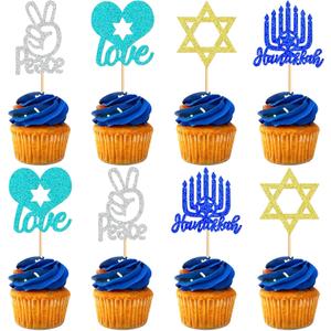 2 x 24 PCS Happy Hanukkah Cupcake Toppers Star of David Candlestick Cupcake Picks for Jewish Birthday Cake Decorations Supplies (Blue2)
