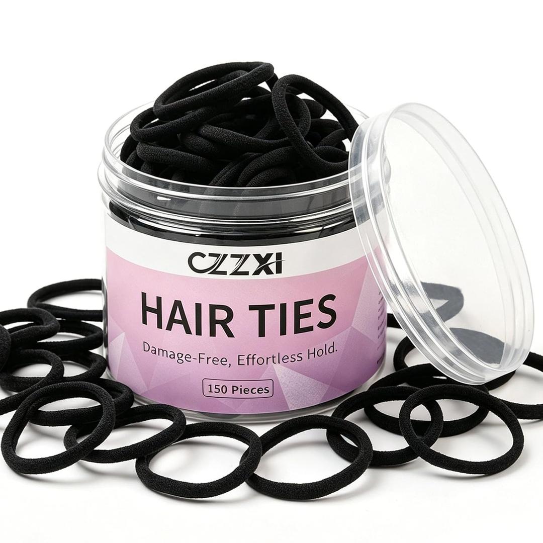 2 x CZZXI 150Ct Hair Ties No Damage for Fine Hair (1.58in), Seamless Elastic Ponytails Holders, Bulk Soft Nylon Hair Ties for Women, Teens & Girls | Hair Accessories (Black)