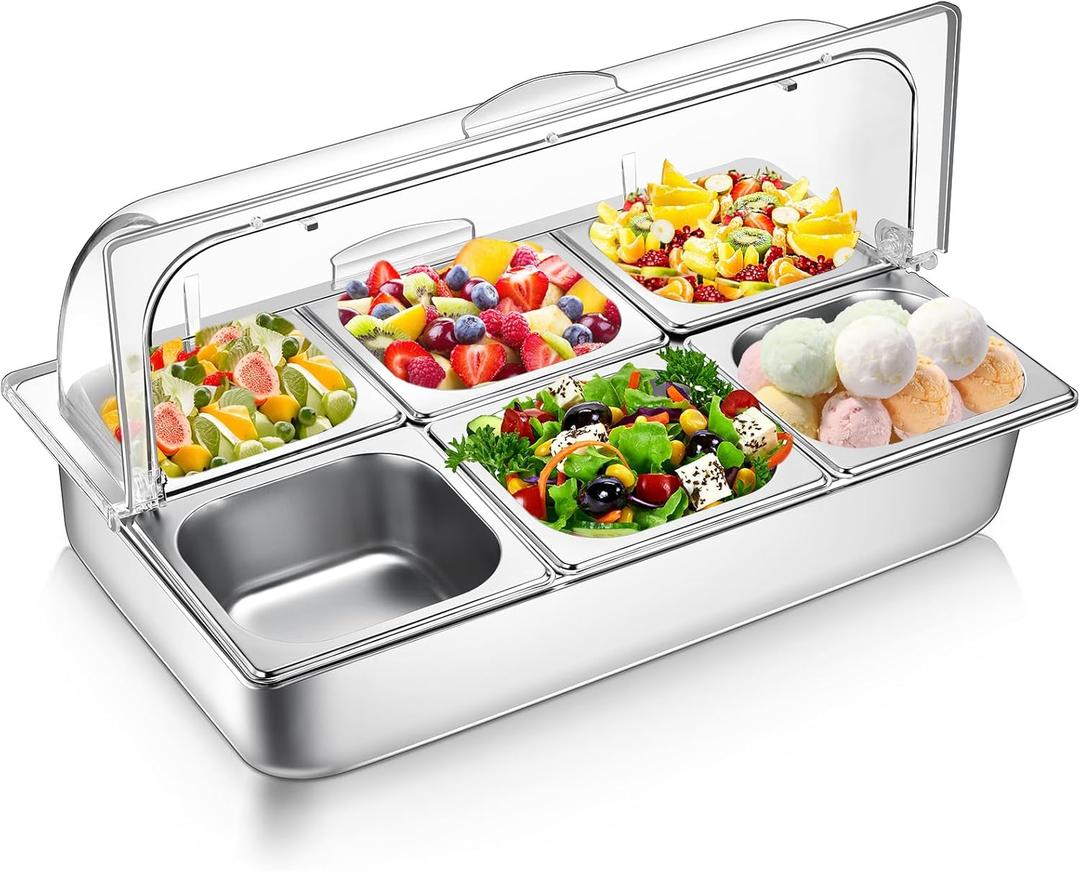 Ziliny 6 Pan Chilled Buffet Server Stainless Steel Countertop Food Serving Display Container with Clear Roll Top Cover Serving Tray Buffet Condiment Dispenser Ice Cooled Food Display Rack