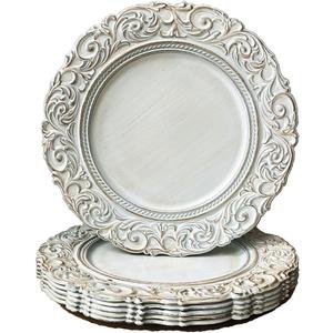 Antique Charger Plates, 13 Inch White Dinner Plate Chargers Round Server Ware. Set of 6 Plastic Embossed Charger for Dinner, Party, Wedding, Elegant Tableware Decoration. (White)